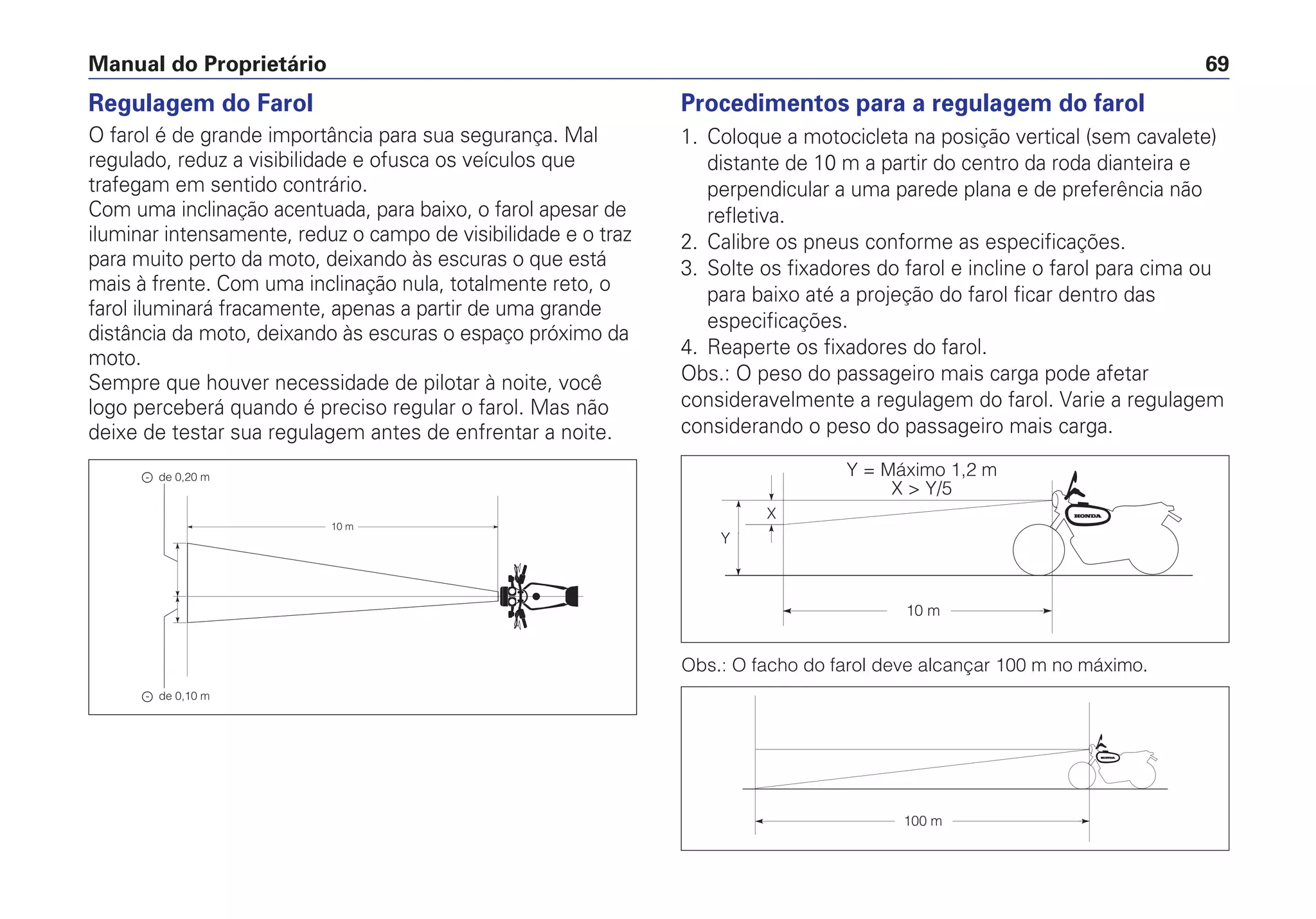 Regulagem do Farol
O farol é de grande importância para sua segurança. Mal
regulado, reduz a visibilidade e ofusca os veículos que
trafegam em sentido contrário.
Com uma inclinação acentuada, para baixo, o farol apesar de
iluminar intensamente, reduz o campo de visibilidade e o traz
para muito perto da moto, deixando às escuras o que está
mais à frente. Com uma inclinação nula, totalmente reto, o
farol iluminará fracamente, apenas a partir de uma grande
distância da moto, deixando às escuras o espaço próximo da
moto.
Sempre que houver necessidade de pilotar à noite, você
logo perceberá quando é preciso regular o farol. Mas não
deixe de testar sua regulagem antes de enfrentar a noite.
Procedimentos para a regulagem do farol
1. Coloque a motocicleta na posição vertical (sem cavalete)
distante de 10 m a partir do centro da roda dianteira e
perpendicular a uma parede plana e de preferência não
refletiva.
2. Calibre os pneus conforme as especificações.
3. Solte os fixadores do farol e incline o farol para cima ou
para baixo até a projeção do farol ficar dentro das
especificações.
4. Reaperte os fixadores do farol.
Obs.: O peso do passageiro mais carga pode afetar
consideravelmente a regulagem do farol. Varie a regulagem
considerando o peso do passageiro mais carga.
Obs.: O facho do farol deve alcançar 100 m no máximo.
Manual do Proprietário 69
X
Y
10 m
100 m
Y = Máximo 1,2 m
X > Y/5
10 m
- de 0,10 m
- de 0,20 m
 