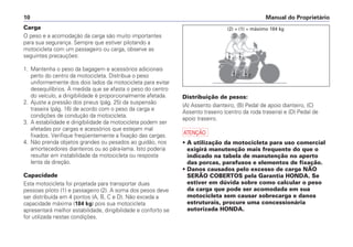 Manual do Proprietário10
Carga
O peso e a acomodação da carga são muito importantes
para sua segurança. Sempre que estiver pilotando a
motocicleta com um passageiro ou carga, observe as
seguintes precauções:
1. Mantenha o peso da bagagem e acessórios adicionais
perto do centro da motocicleta. Distribua o peso
uniformemente dos dois lados da motocicleta para evitar
desequilíbrios. À medida que se afasta o peso do centro
do veículo, a dirigibilidade é proporcionalmente afetada.
2. Ajuste a pressão dos pneus (pág. 25) da suspensão
traseira (pág. 16) de acordo com o peso da carga e
condições de condução da motocicleta.
3. A estabilidade e dirigibilidade da motocicleta podem ser
afetadas por cargas e acessórios que estejam mal
fixados. Verifique freqüentemente a fixação das cargas.
4. Não prenda objetos grandes ou pesados ao guidão, nos
amortecedores dianteiros ou ao pára-lama. Isto poderia
resultar em instabilidade da motocicleta ou resposta
lenta da direção.
Capacidade
Esta motocicleta foi projetada para transportar duas
pessoas piloto (1) e passageiro (2). A soma dos pesos deve
ser distribuída em 4 pontos (A, B, C e D). Não exceda a
capacidade máxima (184 kg) pois sua motocicleta
apresentará melhor estabilidade, dirigibilidade e conforto se
for utilizada nestas condições.
Distribuição de pesos:
(A) Assento dianteiro, (B) Pedal de apoio dianteiro, (C)
Assento traseiro (centro da roda traseira) e (D) Pedal de
apoio traseiro.
a
• A utilização da motocicleta para uso comercial
exigirá manutenção mais frequente do que o
indicado na tabela de manutenção no aperto
das porcas, parafusos e elementos de fixação.
• Danos causados pelo excesso de carga NÃO
SERÃO COBERTOS pela Garantia HONDA. Se
estiver em dúvida sobre como calcular o peso
da carga que pode ser acomodada em sua
motocicleta sem causar sobrecarga e danos
estruturais, procure uma concessionária
autorizada HONDA.
(2) + (1) = máximo 184 kg
 