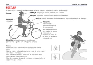 Manual do Condutor116
POSTURA
A boa postura é necessária para que você se canse menos e obtenha um melhor desempenho.
CABEÇA: em posição vertical, olhando para a frente.
BRAÇOS: relaxados, com cotovelos apontados para baixo.
MÃOS: punhos abaixados em relação à mão, segurando o centro da manopla
JOELHOS:
pressionando
levemente o tanque
de combustível.
OMBROS:
relaxados.
QUADRIL: junto do tanque, em posição que
permita virar o guidão sem esforço nos ombros.
PÉS: paralelos ao solo,
com o salto do sapato
encaixado na
pedaleira. A ponta do
pé sobre os pedais do
freio e câmbio.
Normal
Curvas
Nas curvas, você deverá inclinar o corpo junto com a
moto.
Quanto maior a velocidade ou menor o raio de curva, maior
deverá ser a inclinação.
Para manobras rápidas e em curvas de pequenos raios,
incline a moto mais que o corpo.
Quando necessitar de grande inclinação em curva, incline o
corpo mais que a moto.
 