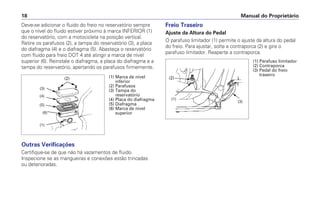 Freio Traseiro
Ajuste da Altura do Pedal
O parafuso limitador (1) permite o ajuste da altura do pedal
do freio. Para ajustar, solte a contraporca (2) e gire o
parafuso limitador. Reaperte a contraporca.
Manual do Proprietário18
Deve-se adicionar o fluido do freio no reservatório sempre
que o nível do fluido estiver próximo à marca INFERIOR (1)
do reservatório, com a motocicleta na posição vertical.
Retire os parafusos (2), a tampa do reservatório (3), a placa
do diafragma (4) e o diafragma (5). Abasteça o reservatório
com fluido para freio DOT 4 até atingir a marca de nível
superior (6). Reinstale o diafragma, a placa do diafragma e a
tampa do reservatório, apertando os parafusos firmemente.
Outras Verificações
Certifique-se de que não há vazamentos de fluido.
Inspecione se as mangueiras e conexões estão trincadas
ou deterioradas.
(1) Marca de nível
inferior
(2) Parafusos
(3) Tampa do
reservatório
(4) Placa do diafragma
(5) Diafragma
(6) Marca de nível
superior
(2)
(3)
(4)
(5)
(6)
(1)
(1) Parafuso limitador
(2) Contraporca
(3) Pedal do freio
traseiro
(2)
(3)
(1)
 