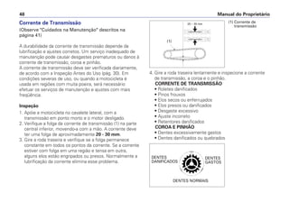 Manual do Proprietário48
Corrente de Transmissão
(Observe "Cuidados na Manutenção" descritos na
página 41)
A durabilidade da corrente de transmissão depende da
lubrificação e ajustes corretos. Um serviço inadequado de
manutenção pode causar desgastes prematuros ou danos à
corrente de transmissão, coroa e pinhão.
A corrente de transmissão deve ser verificada diariamente,
de acordo com a Inspeção Antes do Uso (pág. 30). Em
condições severas de uso, ou quando a motocicleta é
usada em regiões com muita poeira, será necessário
efetuar os serviços de manutenção e ajustes com mais
freqüência.
Inspeção
1. Apóie a motocicleta no cavalete lateral, com a
transmissão em ponto morto e o motor desligado.
2. Verifique a folga da corrente de transmissão (1) na parte
central inferior, movendo-a com a mão. A corrente deve
ter uma folga de aproximadamente 20 - 30 mm.
3. Gire a roda traseira e verifique se a folga permanece
constante em todos os pontos da corrente. Se a corrente
estiver com folga em uma região e tensa em outra,
alguns elos estão engripados ou presos. Normalmente a
lubrificação da corrente elimina esse problema.
4. Gire a roda traseira lentamente e inspecione a corrente
de transmissão, a coroa e o pinhão.
CORRENTE DE TRANSMISSÃO
• Roletes danificados
• Pinos frouxos
• Elos secos ou enferrujados
• Elos presos ou danificados
• Desgaste excessivo
• Ajuste incorreto
• Retentores danificados
COROA E PINHÃO
• Dentes excessivamente gastos
• Dentes danificados ou quebrados
20 – 30 mm
(1) Corrente de
transmissão
(1)
DENTES
DANIFICADOS
DENTES NORMAIS
DENTES
GASTOS
 