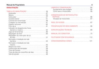 Manual do Proprietário 5
MANUTENÇÃO
TABELA DE MANUTENÇÃO . . . . . . . . . . . . . . . . . . . . . .38
Acelerador . . . . . . . . . . . . . . . . . . . . . . . . . . . . . . . . . .47
Bateria . . . . . . . . . . . . . . . . . . . . . . . . . . . . . . . . . . . . .56
Carburador . . . . . . . . . . . . . . . . . . . . . . . . . . . . . . . . . .47
Cavalete lateral . . . . . . . . . . . . . . . . . . . . . . . . . . . . . . .51
Corrente de transmissão . . . . . . . . . . . . . . . . . . . . . . .48
Cuidados na manutenção . . . . . . . . . . . . . . . . . . . . . . .41
Espelho retrovisor . . . . . . . . . . . . . . . . . . . . . . . . . . . .62
Filtro de ar . . . . . . . . . . . . . . . . . . . . . . . . . . . . . . . . . .41
Indicador de desgaste dos freios
dianteiro e traseiro . . . . . . . . . . . . . . . . . . . . . . . . . . .52
Jogo de ferramentas . . . . . . . . . . . . . . . . . . . . . . . . . .40
Regulagem do farol . . . . . . . . . . . . . . . . . . . . . . . . . . .63
Regulagem do interruptor da luz
do freio . . . . . . . . . . . . . . . . . . . . . . . . . . . . . . . . . . .57
Remoção e instalação da roda
dianteira . . . . . . . . . . . . . . . . . . . . . . . . . . . . . . . . . . .53
Remoção e instalação da roda
traseira . . . . . . . . . . . . . . . . . . . . . . . . . . . . . . . . . . . .55
Respiro do motor . . . . . . . . . . . . . . . . . . . . . . . . . . . . .42
Substituição das lâmpadas . . . . . . . . . . . . . . . . . . . . . .59
Troca de fusíveis . . . . . . . . . . . . . . . . . . . . . . . . . . . . .58
Troca de óleo do motor/filtro de óleo . . . . . . . . . . . . . .43
Vela de ignição . . . . . . . . . . . . . . . . . . . . . . . . . . . . . . .46
LIMPEZA E CONSERVAÇÃO . . . . . . . . . . . . . . . . . . . . . .64
Equipamento para lavagem . . . . . . . . . . . . . . . . . . . . .64
Como lavar a motocicleta . . . . . . . . . . . . . . . . . . . . . . .65
CONSERVAÇÃO DE MOTOCICLETAS
INATIVAS . . . . . . . . . . . . . . . . . . . . . . . . . . . . . . . . . . . .66
Ativação da motocicleta . . . . . . . . . . . . . . . . . . . . . . . .67
NÍVEL DE RUÍDOS . . . . . . . . . . . . . . . . . . . . . . . . . . . . . .67
PRESERVAÇÃO DO MEIO AMBIENTE . . . . . . . . . . . . . .68
ESPECIFICAÇÕES TÉCNICAS . . . . . . . . . . . . . . . . . . . . .69
MANUAL DO CONDUTOR . . . . . . . . . . . . . . . . . . . . . . . .73
PILOTAGEM COM SEGURANÇA . . . . . . . . . . . . . . . . . .113
CONCESSIONÁRIAS HONDA . . . . . . . . . . . . . . . . . . . .121
 