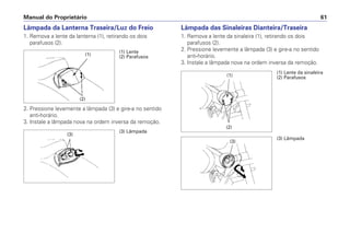 Manual do Proprietário 61
Lâmpada da Lanterna Traseira/Luz do Freio
1. Remova a lente da lanterna (1), retirando os dois
parafusos (2).
2. Pressione levemente a lâmpada (3) e gire-a no sentido
anti-horário.
3. Instale a lâmpada nova na ordem inversa da remoção.
Lâmpada das Sinaleiras Dianteira/Traseira
1. Remova a lente da sinaleira (1), retirando os dois
parafusos (2).
2. Pressione levemente a lâmpada (3) e gire-a no sentido
anti-horário.
3. Instale a lâmpada nova na ordem inversa da remoção.
(3) Lâmpada
(3)
(1) Lente da sinaleira
(2) Parafusos(1)
(2)
(3) Lâmpada
(3)
(1) Lente
(2) Parafusos(1)
(2)
 
