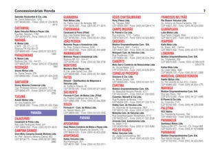 Salomão Alcolumbre & Cia. Ltda.
Av. Gentil Bittencourt, 1278
CEP 66040-000 – Fones: (0XX) 91 224-9579
9410
CASTANHAL
Apeú Veículos Motos e Peças Ltda.
Rua Mal. Deodoro, 1780
CEP 68740-970 – Fone: (0XX) 91 721-1492
MARABÁ
R. Motos Ltda.
CSI29 – Qd. 01 – Lt. 12
Rodovia PA 150, Km 07
CEP 68500-000 – Fones: (0XX) 91 322-3513
1300
PARAGOMINAS
R. Motos Ltda.
Rodovia 256, 150 – Km 01
CEP 68625-970 – Fones: (0XX) 91 3729-4849
1950REDENÇÃO
Arauto Motos Ltda.
Av. Santa Tereza, 229
CEP 68550-000 – Fones: (0XX) 91 424-2078
1257
SANTARÉM
Hunny Motores Comercial Ltda.
Trav. Professor Antonio Carvalho, 1122
CEP 68040-470 – Fones: (0XX) 91 523-2148
2295
TUCUMÃ
Arauto Motos Ltda.
Av. dos Estados, s/nº
CEP 68385-000 – Fones: (0XX) 91 433-1044
1121
CAJAZEIRAS
Cavalcanti & Primo Ltda.
Rua João Rodrigues Alves, s/nº
CEP 58900-000 – Fone: (0XX) 83 531-4515
CAMPINA GRANDE
Gran-Moto Campina Grande Motores Ltda.
Av. Pref. Severino Bezerra Cabral, 665
CEP 58104-170 – Fones: (0XX) 83 337-3900
3990
PARAÍBA
GUARABIRA
Polo Motos Ltda.
Av. Padre Inácio de Almeida, 365
CEP 58200-000 – Fone: (0XX) 83 271-3010
ITAPORANGA
Cavalcanti & Primo (Filial)
Rua José Soares Madruga, 197
CEP 58780-000 – Fone: (0XX) 83 451-2554
JOÃO PESSOA
Motomar Peças e Acessórios Ltda.
Av. Pres. Epitácio Pessoa, 3245
CEP 58030-000 – Fone: (0XX) 83 244-4400
MAMANGUAPE
Motomar Peças e Acessórios Ltda.
Rodovia BR 101 – Km 41
CEP 58280-000 – Fone: (0XX) 83 292-3730
MONTEIRO
Monteiro Moto Peças Ltda.
R. Cel. João Santa Cruz, 354
CEP 58500-000 – Fone: (0XX) 83 351-2680
PATOS
Dimave – Distribuidora de Máquinas e
Veículos Ltda.
Av. Epitácio Pessoa, 45
CEP 58700-020 – Fone: (0XX) 83 421-3443
SÃO BENTO
Fórmula H Com. de Motos Ltda. (Filial)
Av. Prefeito Eulâmpio da Silva, 176
CEP 58865-000 – Fone: (0XX) 83 444-2000
SOUZA
Fórmula H – Com. de Motos Ltda.
Av. Nelson Meira, s/nº
CEP 58800-000 – Fone: (0XX) 83 522-2300
APUCARANA
Usso Motors Comércio de Motos e Peças Ltda.
Av. Governador Roberto da Silveira, 110
CEP 86800-520 – Fone: (0XX) 43 423-2332
ARAPONGAS
Kallas Veículos Ltda.
Rua Flamingos, 201
CEP 86701-390 – Fone: (0XX) 43 252-2211
PARANÁ
ASSIS CHATEAUBRIAND
Rony Pneus Ltda.
Av. Tupassi, 2882
CEP 85935-000 – Fone: (0XX) 44 528-4114
CAMPO MOURÃO
B. Pismel e Cia Ltda.
Rua Araruna, 1775 – Centro
CEP 87302-210 – Fone: (0XX) 44 523-5652
CASCAVEL
Blokton Empreendimentos Com. S/A.
Rua Paraná, 3691 – Centro
CEP 85801-000 – Fone: (0XX) 45 225-2520
Motopark Com. de Veículos Ltda.
Rua Tiradentes, 1139
CEP 85802-300 – Fone: (0XX) 45 224-2452
CIANORTE
Moto Dan’s Comércio de Motocicletas Ltda.
Av. Souza Neves, 512
CEP 87200-000 – Fone: (0XX) 44 629-3014
CORNÉLIO PROCÓPIO
Graciano & Cia. Ltda.
Av. Minas Gerais, 169
CEP 86300-000 – Fone: (0XX) 43 524-1571
CURITIBA
Blokton Empreendimentos Com. S/A.
Av. Marechal Floriano Peixoto, 4217
CEP 80220-001 – Fone: (0XX) 41 332-5255
Colombo, Mainetti & Cia Ltda.
Rua Prudente de Morais, 1141
CEP 80430-220 – Fone: (0XX) 41 232-7514
Hobby Com. de Veículos Ltda.
Av. Visconde de Guarapuava, 2807
CEP 80010-100 – Fone: (0XX) 41 322-7711
Motonda Com. de Veículos Ltda.
Rua Desembargador Westphalen, 3112
CEP 80220-031 – Fone: (0XX) 41 332-3538
Unionda Com. Automotores Ltda.
Av. Batel, 1137
CEP 80420-090 – Fone: (0XX) 41 223-4080
FOZ DO IGUAÇU
Motec Veículos Ltda.
Av. Jorge Schimmelfing, 362
CEP 85851-110 – Fone: (0XX) 45 523-1315
FRANCISCO BELTRÃO
Rio Branco Veículos Ltda.
Av. Antonio de Paiva Cantelmo, 158
CEP 85601-250 – Fone: (0XX) 46 524-3350
GUARAPUAVA
Lobo Motos Ltda.
Rua Padre Chagas, 3555
CEP 85010-020 – Fone: (0XX) 42 623-7114
IVAIPORÃ
Kaito Moto Ltda.
Av. Brasil, 445 – Centro
CEP 86870-000 – Fone: (0XX) 43 472-1599
LONDRINA
Blokton Empreendimentos Com. S/A.
Av. Tiradentes, 209
CEP 86070-000 – Fones: (0XX) 43 348-0478
328-0776
Kallas Moto Ltda.
Av. Leste Oeste, 1630
CEP 86026-720 – Fone: (0XX) 43 321-3390
MARECHAL CÂNDIDO RONDON
Kaefer Motos Ltda.
Av. Rio Grande do Sul, 610 – Centro
CEP 85960-000 – Fone: (0XX) 45 254-1270
MARINGÁ
Blokton Empreendimentos Com. S/A.
Rua São Paulo, 759
CEP 87013-040 – Fone: (0XX) 44 227-4490
B Pismel & Cia Ltda.
Av. Colombo, 2141
CEP 87045-000 – Fone: (0XX) 44 229-0099
PALOTINA
RCC Motos
Av. Presidente Kennedy, 784
CEP 85950-000 – Fone: (0XX) 44 649-4434
PARANAGUÁ
Sambaqui Motos Ltda.
Rodovia BR 277 – Km 4,5 – Cx. Postal 069
CEP 83203-970 – Fone: (0XX) 41 423-6688
PARANAVAÍ
Blokton Empreendimentos Com. S/A.
Rua Getúlio Vargas, 955
CEP 87702-000 – Fone: (0XX) 44 423-2845
Concessionárias Honda 7
 