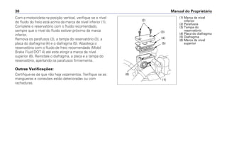 Manual do Proprietário30
Com a motocicleta na posição vertical, verifique se o nível
do fluido do freio está acima da marca de nível inferior (1).
Complete o reservatório com o fluido recomendado,
sempre que o nível do fluido estiver próximo da marca
inferior.
Remova os parafusos (2), a tampa do reservatório (3), a
placa do diafragma (4) e o diafragma (5). Abasteça o
reservatório com o fluido de freio recomendado (Mobil
Brake Fluid DOT 4) até este atingir a marca de nível
superior (6). Reinstale o diafragma, a placa e a tampa do
reservatório, apertando os parafusos firmemente.
Outras Verificações:
Certifique-se de que não haja vazamentos. Verifique se as
mangueiras e conexões estão deterioradas ou com
rachaduras.
(1) Marca de nível
inferior
(2) Parafusos
(3) Tampa do
reservatório
(4) Placa do diafragma
(5) Diafragma
(6) Marca de nível
superior
(3)
(4)
(5)
(1)
(6)
(2)
 
