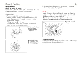 4. Acione o freio várias vezes e verifique se a roda gira
livremente, após soltar o pedal.
NOTA
• Após efetuar o ajuste da folga do pedal, certifique-se
de que o entalhe da porca de ajuste esteja assentada
sobre o pino do braço do freio (5).
• Se não for possível obter o ajuste através deste
método, dirija-se a uma concessionária HONDA.
Outras Verificações
Certifique-se de que o braço, a vareta, a mola e os fixadores
do freio estejam em boas condições.
Manual do Proprietário 31
Freio Traseiro
Ajuste da Altura do Pedal:
Para ajustar a altura do pedal, solte a contraporca (2) e gire
o parafuso limitador (1). Aperte a contraporca.
Ajuste do freio
1. Apoie a motocicleta no cavalete lateral.
2. A folga do pedal do freio traseiro é a distância que o
pedal (3) percorre até o início da frenagem medida na
extremidade do pedal.
A folga deve ser: 20 – 30 mm
3. Se necessário, ajuste: gire a porca (4), localizada no
braço do freio, no sentido desejado.
(1) Parafuso limitador
(2) Contraporca
(3) Pedal do freio
traseiro
(2)
(1)
(3)
(4) Porca de ajuste
(A) Aumenta a folga
(B) Diminui a folga
(4)
(A)
(B)
(5)
(5) Pino do braço do
freio
 