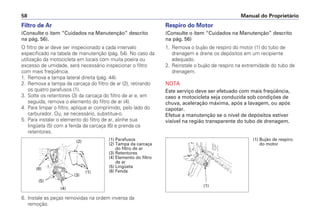 Manual do Proprietário58
Filtro de Ar
(Consulte o item “Cuidados na Manutenção” descrito
na pág. 56).
O filtro de ar deve ser inspecionado a cada intervalo
especificado na tabela de manutenção (pág. 54). No caso da
utilização da motocicleta em locais com muita poeira ou
excesso de umidade, será necessário inspecionar o filtro
com mais freqüência.
1. Remova a tampa lateral direita (pág. 44).
2. Remova a tampa da carcaça do filtro de ar (2), retirando
os quatro parafusos (1).
3. Solte os retentores (3) da carcaça do filtro de ar e, em
seguida, remova o elemento do filtro de ar (4).
4. Para limpar o filtro, aplique ar comprimido, pelo lado do
carburador. Ou, se necessário, substitua-o.
5. Para instalar o elemento do filtro de ar, alinhe sua
lingüeta (5) com a fenda da carcaça (6) e prenda os
retentores.
6. Instale as peças removidas na ordem inversa da
remoção.
Respiro do Motor
(Consulte o item “Cuidados na Manutenção” descrito
na pág. 56)
1. Remova o bujão de respiro do motor (1) do tubo de
drenagem e drene os depósitos em um recipiente
adequado.
2. Reinstale o bujão de respiro na extremidade do tubo de
drenagem.
NOTA
Este serviço deve ser efetuado com mais freqüência,
caso a motocicleta seja conduzida sob condições de
chuva, aceleração máxima, após a lavagem, ou após
capotar.
Efetue a manutenção se o nível de depósitos estiver
visível na região transparente do tubo de drenagem.
(1) Parafusos
(2) Tampa da carcaça
do filtro de ar
(3) Retentores
(4) Elemento do filtro
de ar
(5) Lingüeta
(6) Fenda
(2)
(1)
(3)
(4)
(5)
(6)
(1) Bujão de respiro
do motor
(1)
 