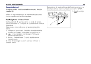 Manual do Proprietário 69
Cavalete Lateral
(Consulte o item “Cuidados na Manutenção” descrito
na pág. 56)
Efetue os seguintes serviços de manutenção, de acordo
com o intervalo recomendado na tabela.
Verificação do Funcionamento
Verifique a mola (1) quanto a danos ou perda de tensão.
Verifique também se o conjunto do cavalete lateral move-se
livremente.
Inspecione o sistema de corte de ignição do cavalete
lateral:
1. Sente-se na motocicleta; coloque o cavalete lateral na
posição recolhida e a transmissão em ponto morto.
2. Ligue o motor e acione a embreagem. Coloque a
transmissão em marcha.
3. Abaixe o cavalete lateral. O motor deverá desligar,
imediatamente.
O motor deve desligar-se assim que você estender o
cavalete lateral.
Se o sistema do cavalete lateral não funcionar conforme a
descrição ao lado, procure uma concessionária HONDA.
(1) Mola do cavalete
lateral
(1)
 