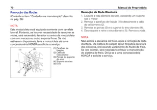 Remoção da Roda Dianteira
1. Levante a roda dianteira do solo, colocando um suporte
sob o motor.
2. Remova o parafuso de fixação (1) e desconecte o cabo
do velocímetro (2).
3. Remova as porcas (3) e o suporte do eixo dianteiro (4).
4. Desrosqueie e retire o eixo dianteiro (5). Remova a roda.
NOTA
Não acione a alavanca do freio, após a remoção da roda
dianteira. Os pistões do cáliper serão forçados para fora
dos cilindros, provocando vazamento do fluido de freio.
Se isto ocorrer, será necessário efetuar a manutenção
do sistema de freio. Dirija-se a uma concessionária
HONDA e solicite o serviço.
Manual do Proprietário70
Remoção das Rodas
(Consulte o item “Cuidados na manutenção” descrito
na pág. 56)
NOTA
Esta motocicleta está equipada somente com cavalete
lateral. Portanto, se houver necessidade de remover as
rodas, será necessário levantar o centro da motocicleta
com um macaco ou outro suporte firme. Se não
estiverem disponíveis, leve a motocicleta até uma
concessionária HONDA e solicite o serviço.
(1) Parafuso de
fixação
(2) Cabo do
velocímetro
(3) Porcas do suporte
do eixo
(4) Suporte do eixo
(5) Eixo
(1)
(4)
(5)
(3)
(2)
 