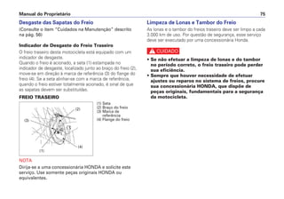Manual do Proprietário 75
Desgaste das Sapatas do Freio
(Consulte o item “Cuidados na Manutenção” descrito
na pág. 56)
Indicador de Desgaste do Freio Traseiro
O freio traseiro desta motocicleta está equipado com um
indicador de desgaste.
Quando o freio é acionado, a seta (1) estampada no
indicador de desgaste, localizado junto ao braço do freio (2),
move-se em direção à marca de referência (3) do flange do
freio (4). Se a seta alinhar-se com a marca de referência,
quando o freio estiver totalmente acionado, é sinal de que
as sapatas devem ser substituídas.
FREIO TRASEIRO
NOTA
Dirija-se a uma concessionária HONDA e solicite este
serviço. Use somente peças originais HONDA ou
equivalentes.
Limpeza de Lonas e Tambor do Freio
As lonas e o tambor do freios traseiro deve ser limpo a cada
3.000 km de uso. Por questão de segurança, esse serviço
deve ser executado por uma concessionária Honda.
c
• Se não efetuar a limpeza de lonas e do tambor
no período correto, o freio traseiro pode perder
sua eficiência.
• Sempre que houver necessidade de efetuar
ajustes ou reparos no sistema de freios, procure
sua concessionária HONDA, que dispõe de
peças originais, fundamentais para a segurança
da motocicleta.
(1) Seta
(2) Braço do freio
(3) Marca de
referência
(4) Flange do freio
(4)
(3)
(1)
(2)
 
