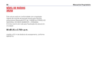 NÍVEL DE RUÍDOS
XR250
Este veículo está em conformidade com a legislação
vigente de controle da poluição sonora para veículos
automotores (Resolução Nº 2 de 11/02/93 do CONSELHO
NACIONAL DO MEIO AMBIENTE – CONAMA);
O limite máximo de ruído para fiscalização de veículo em
circulação:
86 dB (A) a 3.750 r.p.m.
medido a 0,5 m de distância do escapamento, conforme
NBR-9714.
Manual do Proprietário90
 