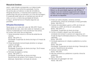 assim: cada infração corresponde a um determinado
número de pontos, conforme a gravidade. Confira.
Os pontos são cumulativos no caso de reincidência.
Atingindo 20 pontos, o motorista será suspenso e não
poderá dirigir até que se submeta a um curso de reciclagem.
A suspensão pode valer por um período que varia de um
mês a um ano, a critério da autoridade de trânsito.
A seguir, apresentamos as infrações segundo sua
gravidade.
Infrações Gravíssimas
Neste grupo, as multas têm valor de 180 UFIR. Porém,
dependendo do caso, este valor pode ser triplicado ou até
mesmo multiplicado por 5 nas ocorrências mais sérias.
As multas mais caras são as seguintes:
1. Deixar de prestar socorro a vítimas de acidentes de
trânsito.
Multa: 180 UFIR x 5.
Penalidade: Suspensão do direito de dirigir e 6 meses de
detenção.
2. Dirigir alcoolizado (concentração alcóolica no sangue
superior a 6 dg/l)
Multa: 180 UFIR x 5.
Penalidade: Suspensão do direito de dirigir. De 6 meses
a 3 anos de detenção.
3. Participar de pegas ou rachas.
Multa: 180 UFIR x 3.
Penalidade: Suspensão do direito de dirigir.
Recolhimento da carteira. De 6 meses a 3 anos de
detenção. Apreensão e remoção do veículo.
4. Andar por sobre calçadas, canteiros centrais,
acostamentos, faixas de canalização e áreas gramadas.
Multa: 180 UFIR x 3.
5. Excesso de velocidade superior a 20% do limite em
rodovias ou a 50% do limite em vias públicas.
Multa: 180 UFIR x 3.
Penalidade: Suspensão do direito de dirigir.
6. Confiar a direção a alguém que não esteja em
condições de conduzir o veículo com segurança, em
função de alguma alteração psíquica ou física, ainda que
habilitado.
Multa: 180 UFIR.
7. Condução agressiva em relação a pedestres ou outros
veículos.
Multa: 180 UFIR.
Penalidade: Suspensão do direito de dirigir. Retenção do
veículo. Recolhimento da carteira.
8. Avançar o sinal vermelho.
Multa: 180 UFIR.
9. Não dar preferência a pedestres cruzando a faixa de
pedestres.
Multa: 180 UFIR.
10. Não parar em passagem de nível.
Multa: 180 UFIR.
O veículo apreendido permanece sob a guarda do
Detran ou da autoridade legal por até 30 dias. O
resgate só se dá mediante pagamento de todas as
multas e demais despesas como guincho e estada
do veículo no depósito.
Manual do Condutor 99
CONDUTOR/CG125 Titan/2003/4ª 29.01.2003 11:36 Page 99
 