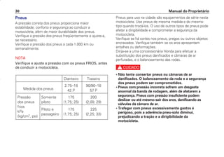 Manual do Proprietário
30
Pneus
A pressão correta dos pneus proporciona maior
estabilidade, conforto e segurança ao conduzir a
motocicleta, além de maior durabilidade dos pneus.
Verifique a pressão dos pneus freqüentemente e ajuste-a,
se necessário.
Verifique a pressão dos pneus a cada 1.000 km ou
semanalmente.
NOTA
Verifique e ajuste a pressão com os pneus FRIOS, antes
de conduzir a motocicleta.
Dianteiro Traseiro
Medida dos pneus
2.75–18 90/90–18
42 P 57 P
Pressão Somente 175 200
dos pneus piloto (1,75; 25) (2,00; 29)
frios
Piloto e 175 225
kPa
passageiro (1,75; 25) (2,25; 33)
(kg/cm2
, psi)
Pneus para uso na cidade são equipamentos de série nesta
motocicleta. Use pneus de mesma medida e do mesmo
tipo quando trocá-los. O uso de outros tipos de pneus pode
afetar a dirigibilidade e comprometer a segurança da
motocicleta.
Verifique se há cortes nos pneus, pregos ou outros objetos
encravados. Verifique também se os aros apresentam
entalhes ou deformações.
Dirija-se a uma concessionária Honda para efetuar a
substituição dos pneus danificados e câmaras de ar
perfuradas, e o balanceamento das rodas.
c
• Não tente consertar pneus ou câmaras de ar
danificados. O balanceamento da roda e a segurança
dos pneus podem ser comprometidos.
• Pneus com pressão incorreta sofrem um desgaste
anormal da banda de rodagem, além de afetarem a
segurança. Pneus com pressão insuficiente podem
deslizar ou até mesmo sair dos aros, danificando as
válvulas da câmara de ar.
• Trafegar com pneus excessivamente gastos é
perigoso, pois a aderência pneu-solo diminui,
prejudicando a tração e a dirigibilidade da
motocicleta.
D2203-MAN-0319/KSE/2003/16ª 29.01.2003 08:57 Page 30
 