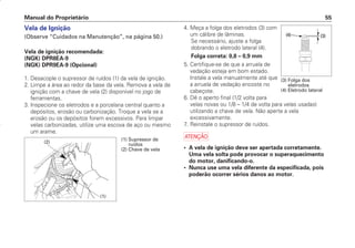4. Meça a folga dos eletrodos (3) com
um cálibre de lâminas.
Se necessário, ajuste a folga
dobrando o eletrodo lateral (4).
Folga correta: 0,8 – 0,9 mm
5. Certifique-se de que a arruela de
vedação esteja em bom estado.
Instale a vela manualmente até que
a arruela de vedação encoste no
cabeçote.
6. Dê o aperto final (1/2 volta para
velas novas ou 1/8 – 1/4 de volta para velas usadas)
utilizando a chave de vela. Não aperte a vela
excessivamente.
7. Reinstale o supressor de ruídos.
a
• A vela de ignição deve ser apertada corretamente.
Uma vela solta pode provocar o superaquecimento
do motor, danificando-o.
• Nunca use uma vela diferente da especificada, pois
poderão ocorrer sérios danos ao motor.
Manual do Proprietário 55
Vela de Ignição
(Observe “Cuidados na Manutenção”, na página 50.)
Vela de ignição recomendada:
(NGK) DPR8EA-9
(NGK) DPR9EA-9 (Opcional)
1. Desacople o supressor de ruídos (1) da vela de ignição.
2. Limpe a área ao redor da base da vela. Remova a vela de
ignição com a chave de vela (2) disponível no jogo de
ferramentas.
3. Inspecione os eletrodos e a porcelana central quanto a
depósitos, erosão ou carbonização. Troque a vela se a
erosão ou os depósitos forem excessivos. Para limpar
velas carbonizadas, utilize uma escova de aço ou mesmo
um arame.
(2)
(1)
(1) Supressor de
ruídos
(2) Chave de vela
(3) Folga dos
eletrodos
(4) Eletrodo lateral
D2203-MAN-0319/KSE/2003/16ª 29.01.2003 08:57 Page 55
 