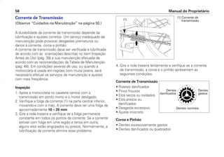 Manual do Proprietário
58
Corrente de Transmissão
(Observe “Cuidados na Manutenção” na página 50.)
A durabilidade da corrente de transmissão depende da
lubrificação e ajustes corretos. Um serviço inadequado de
manutenção pode provocar desgastes prematuros ou
danos à corrente, coroa e pinhão.
A corrente de transmissão deve ser verificada e lubrificada
de acordo com as orientações descritas no item Inspeção
Antes do Uso (pág. 39) e sua manutenção efetuada de
acordo com as recomendações da Tabela de Manutenção
(pág. 48). Em condições severas de uso, ou quando a
motocicleta é usada em regiões com muita poeira, será
necessário efetuar os serviços de manutenção e ajustes
com mais freqüência.
Inspeção
1. Apóie a motocicleta no cavalete central com a
transmissão em ponto morto e o motor desligado.
2. Verifique a folga da corrente (1) na parte central inferior,
movendo-a com a mão. A corrente deve ter uma folga de
aproximadamente 10 – 20 mm.
3. Gire a roda traseira e verifique se a folga permanece
constante em todos os pontos da corrente. Se a corrente
estiver com folga em uma região e tensa em outra,
alguns elos estão engripados ou presos. Normalmente, a
lubrificação da corrente elimina esse problema.
4. Gire a roda traseira lentamente e verifique se a corrente
de transmissão, a coroa e o pinhão apresentam as
seguintes condições.
Corrente de Transmissão
• Roletes danificados
• Pinos frouxos
• Elos secos ou oxidados
• Elos presos ou
danificados
• Desgaste excessivo
• Ajuste incorreto
Coroa e Pinhão
• Dentes excessivamente gastos
• Dentes danificados ou quebrados
(1)
Dentes
danificados
Dentes normais
Dentes
gastos
(1) Corrente de
transmissão
D2203-MAN-0319/KSE/2003/16ª 29.01.2003 08:57 Page 58
 
