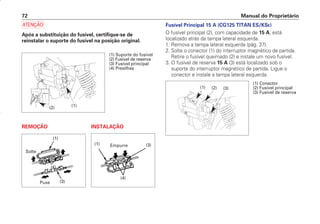 Manual do Proprietário
72
a
Após a substituição do fusível, certifique-se de
reinstalar o suporte do fusível na posição original.
REMOÇÃO INSTALAÇÃO
Fusível Principal 15 A (CG125 TITAN ES/KSE)
O fusível principal (2), com capacidade de 15 A, está
localizado atrás da tampa lateral esquerda.
1. Remova a tampa lateral esquerda (pág. 37).
2. Solte o conector (1) do interruptor magnético de partida.
Retire o fusível queimado (2) e instale um novo fusível.
3. O fusível de reserva 15 A (3) está localizado sob o
suporte do interruptor magnético de partida. Ligue o
conector e instale a tampa lateral esquerda.
Solte
Puxe
Empurre
(1) (2) (3)
(1) Conector
(2) Fusível principal
(3) Fusível de reserva
(1)
(1)
(1)
(3)
(3)
(4)
(4)
(2)
(1) Suporte do fusível
(2) Fusível de reserva
(3) Fusível principal
(4) Presilhas
D2203-MAN-0319/KSE/2003/16ª 29.01.2003 08:57 Page 72
 