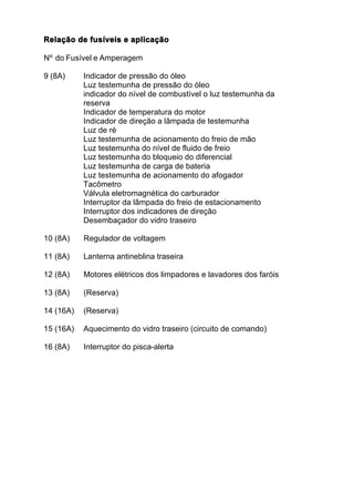 Relação de fusíveis e aplicação

Nº do Fusível e Amperagem

9 (8A)     Indicador de pressão do óleo
           Luz testemunha de pressão do óleo
           indicador do nível de combustível o luz testemunha da
           reserva
           Indicador de temperatura do motor
           Indicador de direção a lâmpada de testemunha
           Luz de ré
           Luz testemunha de acionamento do freio de mão
           Luz testemunha do nível de fluido de freio
           Luz testemunha do bloqueio do diferencial
           Luz testemunha de carga de bateria
           Luz testemunha de acionamento do afogador
           Tacômetro
           Válvula eletromagnética do carburador
           Interruptor da lâmpada do freio de estacionamento
           Interruptor dos indicadores de direção
           Desembaçador do vidro traseiro

10 (8A)    Regulador de voltagem

11 (8A)    Lanterna antineblina traseira

12 (8A)    Motores elétricos dos limpadores e lavadores dos faróis

13 (8A)    (Reserva)

14 (16A)   (Reserva)

15 (16A)   Aquecimento do vidro traseiro (circuito de comando)

16 (8A)    Interruptor do pisca-alerta
 