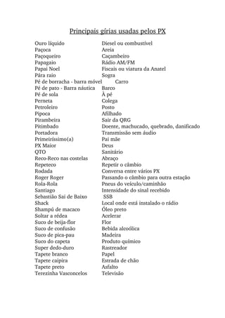 Ouro líquido Diesel ou combustível
Paçoca Areia
Paçoqueiro Caçambeiro
Papagaio Rádio AM/FM
Papai Noel Fiscais ou viatura da Anatel
Pára raio Sogra
Pé de borracha ­ barra móvel Carro
Pé de pato ­ Barra náutica Barco
Pé de sola À pé
Perneta Colega
Petroleiro Posto
Pipoca Afilhado
Pirambeira Sair da QRG
Pitimbado Doente, machucado, quebrado, danificado
Portadora Transmissão sem áudio
Primeiríssimo(a)  Pai mãe
PX Maior Deus
QTO Sanitário
Reco­Reco nas costelas Abraço
Repeteco Repetir o câmbio
Rodada  Conversa entre vários PX
Roger Roger  Passando o câmbio para outra estação
Rola­Rola  Pneus do veículo/caminhão
Santiago Intensidade do sinal recebido
Sebastião Sai de Baixo  SSB
Shack Local onde está instalado o rádio
Shampú de macaco Óleo preto
Soltar a rédea Acelerar
Suco de beija­flor Flor
Suco de confusão Bebida alcoólica
Suco de pica­pau Madeira
Suco do capeta Produto químico
Super dedo­duro Rastreador
Tapete branco Papel
Tapete caipira Estrada de chão
Tapete preto Asfalto
Terezinha Vasconcelos Televisão
Principais gírias usadas pelos PX
 
