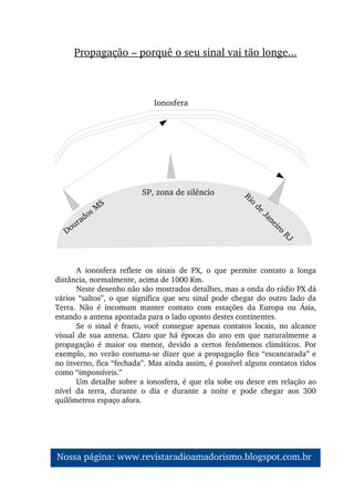 A  ionosfera  reflete  os  sinais  de  PX,  o  que  permite  contato  a  longa 
distância, normalmente, acima de 1000 Km.
Neste desenho não são mostrados detalhes, mas a onda do rádio PX dá 
vários “saltos”, o que significa que seu sinal pode chegar do outro lado da 
Terra.  Não  é  incomum  manter  contato  com  estações  da  Europa  ou  Ásia, 
estando a antena apontada para o lado oposto destes continentes.
Se  o  sinal  é  fraco,  você  consegue  apenas  contatos  locais,  no  alcance 
visual  de  sua  antena.  Claro  que  há  épocas  do  ano  em  que  naturalmente  a 
propagação  é  maior  ou  menor,  devido  a  certos  fenômenos  climáticos.  Por 
exemplo, no verão costuma­se dizer que a propagação fica “escancarada” e 
no inverno, fica “fechada”. Mas ainda assim, é possível alguns contatos tidos 
como “impossíveis.”
Um detalhe sobre a ionosfera, é que ela sobe ou desce em relação ao 
nível  da  terra,  durante  o  dia  e  durante  a  noite  e  pode  chegar  aos  300 
quilômetros espaço afora.
Propagação – porquê o seu sinal vai tão longe...
Dourados M
S
Rio de Janeiro RJ
SP, zona de silêncio
Ionosfera
Nossa página: www.revistaradioamadorismo.blogspot.com.br 
 