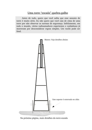 Uma torre “escada” quebra­galho
Antes  de  tudo,  quero  que  você  saiba  que  esse  assunto  de 
torre é muito sério. Eu não quero que você caia de cima de uma 
torre por não observar as normas de segurança. Infelizmente, em 
todo o mundo, vários radioamadores experientes e cuidadosos já 
morreram  por  desconsiderar  regras  simples.  Um  vacilo  pode  ser 
fatal.
Mastro. Veja detalhes abaixo
Este suporte é enterrado no chão
Na próxima página, mais detalhes da torre­escada
 