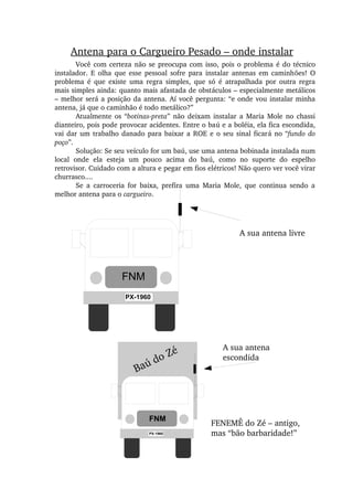FNM
Antena para o Cargueiro Pesado – onde instalar
Você com certeza não se preocupa com isso, pois o problema é do técnico 
instalador.  E  olha  que esse  pessoal  sofre  para  instalar  antenas  em  caminhões!  O 
problema  é  que  existe  uma  regra  simples,  que  só  é  atrapalhada  por  outra  regra 
mais simples ainda: quanto mais afastada de obstáculos – especialmente metálicos 
– melhor será a posição da antena. Aí você pergunta: “e onde vou instalar minha 
antena, já que o caminhão é todo metálico?”
Atualmente os  “botinas­preta” não deixam instalar a Maria Mole no chassi 
dianteiro, pois pode provocar acidentes. Entre o baú e a boléia, ela fica escondida, 
vai dar um trabalho danado para baixar a ROE e o seu sinal ficará no “fundo do 
poço”.
Solução: Se seu veículo for um baú, use uma antena bobinada instalada num 
local  onde  ela  esteja  um  pouco  acima  do  baú,  como  no  suporte  do  espelho 
retrovisor. Cuidado com a altura e pegar em fios elétricos! Não quero ver você virar 
churrasco....
Se  a  carroceria  for  baixa,  prefira  uma  Maria  Mole,  que  continua  sendo  a 
melhor antena para o cargueiro.
Baú do Zé
A sua antena livre
A sua antena 
escondida
FENEMÊ do Zé – antigo,
mas “bão barbaridade!”
FNM
PX-1960
PX-1960
 