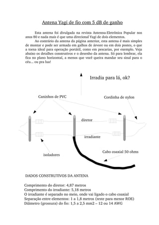 Esta  antena  foi  divulgada  na  revista  Antenna­Eletrônica  Popular  nos 
anos 80 e nada mais é que uma direcional Yagi de dois elementos.
Ao contrário da antena da página anterior, esta antena é mais simples 
de montar e pode ser armada em galhos de árvore ou em dois postes, o que 
a torna ideal para operação portátil, como em pescarias, por exemplo. Veja 
abaixo os detalhes construtivos e o desenho da antena. Só para lembrar, ela 
fica no plano horizontal, a menos que você queira mandar seu sinal para o 
céu... ou pra lua!
Caninhos de PVC
isoladores
Cordinha de nylon
Cabo coaxial 50 ohms
diretor
irradiante
Comprimento do diretor: 4,87 metros
Comprimento do irradiante: 5,18 metros
O irradiante é separado no meio, onde vai ligado o cabo coaxial
Separação entre elementos: 1 a 1,8 metros (teste para menor ROE)
Diâmetro (grossura) do fio: 1,5 a 2,5 mm2 – 12 ou 14 AWG 
DADOS CONSTRUTIVOS DA ANTENA
Antena Yagi de fio com 5 dB de ganho
Irradia para lá, ok?
 