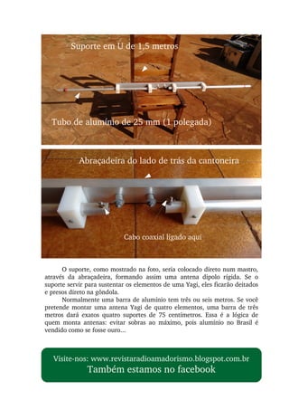 Suporte em U de 1,5 metros
Tubo de alumínio de 25 mm (1 polegada)
Cabo coaxial ligado aqui
O suporte, como mostrado na foto, seria colocado direto num mastro, 
através  da  abraçadeira,  formando  assim  uma  antena  dipolo  rígida.  Se  o 
suporte servir para sustentar os elementos de uma Yagi, eles ficarão deitados 
e presos direto na gôndola.
Normalmente uma barra de alumínio tem três ou seis metros. Se você 
pretende montar uma antena Yagi de quatro elementos, uma barra de três 
metros  dará  exatos  quatro  suportes  de  75  centímetros.  Essa  é  a  lógica  de 
quem  monta  antenas:  evitar  sobras  ao  máximo,  pois  alumínio  no  Brasil  é 
vendido como se fosse ouro...
Abraçadeira do lado de trás da cantoneira
Visite­nos: www.revistaradioamadorismo.blogspot.com.br
Também estamos no facebook
 