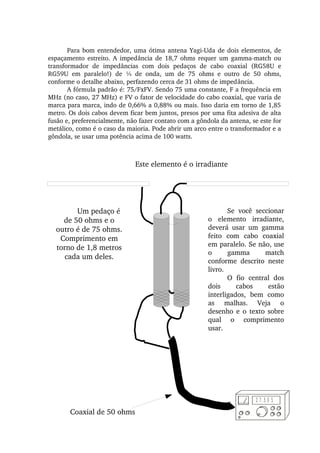 Para bom entendedor, uma ótima antena Yagi­Uda de dois elementos, de 
espaçamento estreito. A  impedância  de  18,7  ohms  requer um gamma­match ou 
transformador  de  impedâncias  com  dois  pedaços  de  cabo  coaxial  (RG58U  e 
RG59U  em  paralelo!)  de  ¼  de  onda,  um  de  75  ohms  e  outro  de  50  ohms, 
conforme o detalhe abaixo, perfazendo cerca de 31 ohms de impedância.
A fórmula padrão é: 75/FxFV. Sendo 75 uma constante, F a frequência em 
MHz (no caso, 27 MHz) e FV o fator de velocidade do cabo coaxial, que varia de 
marca para marca, indo de 0,66% a 0,88% ou mais. Isso daria em torno de 1,85 
metro. Os dois cabos devem ficar bem juntos, presos por uma fita adesiva de alta 
fusão e, preferencialmente, não fazer contato com a gôndola da antena, se este for 
metálico, como é o caso da maioria. Pode abrir um arco entre o transformador e a 
gôndola, se usar uma potência acima de 100 watts.
Se  você  seccionar 
o  elemento  irradiante, 
deverá  usar  um  gamma 
feito  com  cabo  coaxial 
em paralelo. Se não, use 
o  gamma  match 
conforme  descrito  neste 
livro.
O  fio  central  dos 
dois  cabos  estão 
interligados,  bem  como 
as  malhas.  Veja  o 
desenho  e o  texto  sobre 
qual  o  comprimento 
usar.
2 7 .5 0 5
Coaxial de 50 ohms
Um pedaço é 
de 50 ohms e o 
outro é de 75 ohms. 
Comprimento em 
torno de 1,8 metros 
cada um deles.
Este elemento é o irradiante
 