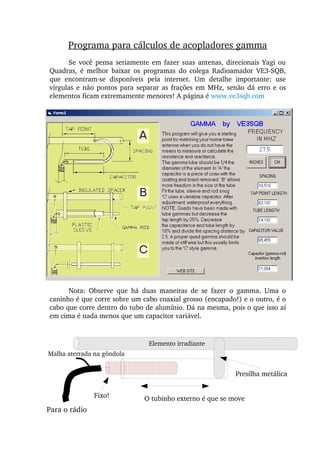Programa para cálculos de acopladores gamma
Se você pensa seriamente em fazer suas antenas, direcionais Yagi ou 
Quadras,  é  melhor  baixar  os  programas  do  colega  Radioamador  VE3­SQB, 
que  encontram­se  disponíveis  pela  internet.  Um  detalhe  importante:  use 
vírgulas e não pontos para separar as frações em MHz, senão dá erro e os 
elementos ficam extremamente menores! A página é www.ve3sqb.com 
Nota:  Observe  que  há  duas  maneiras  de  se  fazer  o  gamma.  Uma  o 
caninho é que corre sobre um cabo coaxial grosso (encapado!) e o outro, é o 
cabo que corre dentro do tubo de alumínio. Dá na mesma, pois o que isso aí 
em cima é nada menos que um capacitor variável.
Para o rádio
Malha aterrada na gôndola
O tubinho externo é que se move
Presilha metálica
Elemento irradiante
Fixo!
 
