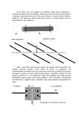 Você  pode  usar  um  pedaço  de  madeira  roliça  como  separador  e 
emenda dos dois canos de alumínio. Neste caso, faça um furo com uma broca 
e coloque o parafuso com porca. Use uma arruela ou conector para soldar a 
malha e o fio central do cabo coaxial, para fazer o contato elétrico com os 
dois elementos do irradiante.
Esta é uma dica preciosa para quem vai montar antenas pesadas, ou 
usando  material  pesado,  como  tubos  de  ferro  ou  conduítes.  Os 
radioamadores costumam usar um estai para evitar que a gôndola da antena 
envergue e quebre no  meio.  Você pode prender  a gôndola através  de uma 
chapa de metal de 1 ou 2 milímetros. Pode usar também uma chapa grossa 
de alumínio, mas o preço vai ser meio salgado... Para as fixações, use grampo 
em forma de U, daqueles que as oficinas usam para prender escapamento de 
carro.
A sua gôndolaO mastro
Os grampos U na frente e por trás
Madeira roliçaTubo alumínio
 