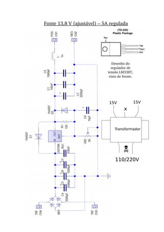 Fonte 13,8 V (ajustável) – 5A regulada
Desenho do 
regulador de 
tensão LM338T, 
visto de frente.
Transformador
110/220V
15V 15V
x
N
 