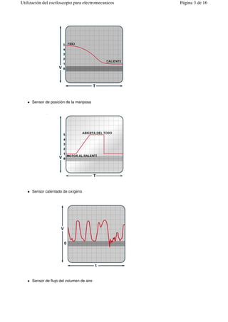 Sensor de posición de la mariposa
Sensor calentado de oxígeno
Sensor de flujo del volumen de aire
Página 3 de 16Utilización del osciloscopio para electromecanicos
 