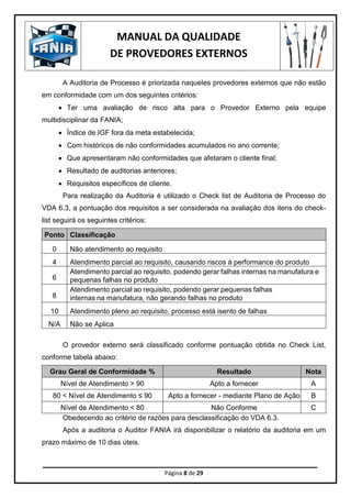 MANUAL DA QUALIDADE
DE PROVEDORES EXTERNOS
Página 8 de 29
A Auditoria de Processo é priorizada naqueles provedores externos que não estão
em conformidade com um dos seguintes critérios:
 Ter uma avaliação de risco alta para o Provedor Externo pela equipe
multidisciplinar da FANIA;
 Índice de IGF fora da meta estabelecida;
 Com históricos de não conformidades acumulados no ano corrente;
 Que apresentaram não conformidades que afetaram o cliente final;
 Resultado de auditorias anteriores;
 Requisitos específicos de cliente.
Para realização da Auditoria é utilizado o Check list de Auditoria de Processo do
VDA 6.3, a pontuação dos requisitos a ser considerada na avaliação dos itens do check-
list seguirá os seguintes critérios:
Ponto Classificação
0 Não atendimento ao requisito
4 Atendimento parcial ao requisito, causando riscos à performance do produto
6
Atendimento parcial ao requisito, podendo gerar falhas internas na manufatura e
pequenas falhas no produto
8
Atendimento parcial ao requisito, podendo gerar pequenas falhas
internas na manufatura, não gerando falhas no produto
10 Atendimento pleno ao requisito, processo está isento de falhas
N/A Não se Aplica
O provedor externo será classificado conforme pontuação obtida no Check List,
conforme tabela abaixo:
Grau Geral de Conformidade % Resultado Nota
Nível de Atendimento > 90 Apto a fornecer A
80 < Nível de Atendimento ≤ 90 Apto a fornecer - mediante Plano de Ação B
Nível de Atendimento < 80 Não Conforme C
Obedecendo ao critério de razões para desclassificação do VDA 6.3.
Após a auditoria o Auditor FANIA irá disponibilizar o relatório da auditoria em um
prazo máximo de 10 dias úteis.
 