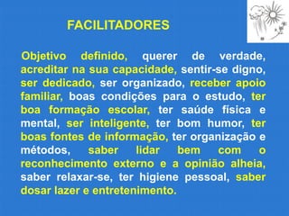 FACILITADORES

Objetivo definido, querer de verdade,
acreditar na sua capacidade, sentir-se digno,
ser dedicado, ser organizado, receber apoio
familiar, boas condições para o estudo, ter
boa formação escolar, ter saúde física e
mental, ser inteligente, ter bom humor, ter
boas fontes de informação, ter organização e
métodos,     saber    lidar   bem   com    o
reconhecimento externo e a opinião alheia,
saber relaxar-se, ter higiene pessoal, saber
dosar lazer e entretenimento.
 