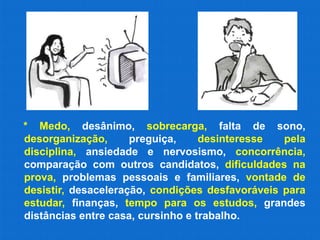 * Medo, desânimo, sobrecarga, falta de sono,
desorganização,      preguiça,     desinteresse  pela
disciplina, ansiedade e nervosismo, concorrência,
comparação com outros candidatos, dificuldades na
prova, problemas pessoais e familiares, vontade de
desistir, desaceleração, condições desfavoráveis para
estudar, finanças, tempo para os estudos, grandes
distâncias entre casa, cursinho e trabalho.
 