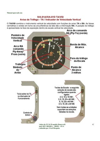 Manual aprovado em:
Manual Prático do TCAS II modelo Honeywell
Do original: RTC DO185A – MOPS – EUA
Traduzido por: Fred Mesquita
42
IVA-81A/IVA-81D TA/VSI
Aviso de Tráfego - TA / Indicador de Velocidade Vertical
O TA/VSI combina o instrumento vertical da velocidade com funções da aviso TA e RA. As faixas
vermelhas e verdes em torno da circunferência da tela dão a informação RA. A posição do tráfego
é apresentada na face da exposição dentro da escala vertical da velocidade.
 