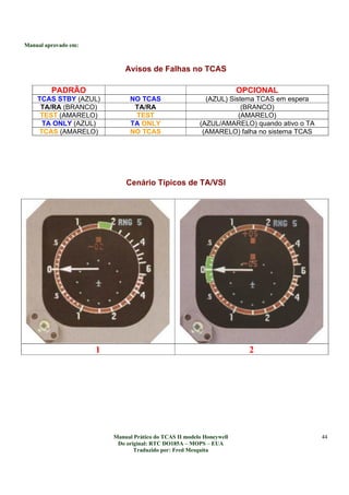 Manual aprovado em:
Manual Prático do TCAS II modelo Honeywell
Do original: RTC DO185A – MOPS – EUA
Traduzido por: Fred Mesquita
44
Avisos de Falhas no TCAS
PADRÃO OPCIONAL
TCAS STBY (AZUL) NO TCAS (AZUL) Sistema TCAS em espera
TA/RA (BRANCO) TA/RA (BRANCO)
TEST (AMARELO) TEST (AMARELO)
TA ONLY (AZUL) TA ONLY (AZUL/AMARELO) quando ativo o TA
TCAS (AMARELO) NO TCAS (AMARELO) falha no sistema TCAS
Cenário Típicos de TA/VSI
1 2
 