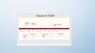 Mar Abr Mai Jun Jul Ago Set Out Nov Dez
Definição
do
tema
Desenvolvimento
do
trabalho
Pesquisa
Vistas do
orientador
Entrega do
relatório
Etapas do TCEM
Entrega do trabalho
pronto
Apresentação
 
