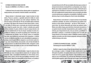 necessáriofornecerde20a40%dasnecessidadesalimentaresparaosanimais.A
extraçãoexcessivadaáreacercadapodelevarasuadegradação,oqueodesqua-
lificaria como manejo sustentável. Esta forma de manejo é interessante para a
capacitaçãodoscomunitáriosnomanuseioeconhecimentodosanimaisetam-
bémcomocomplementodomanejoextensivocomo,porexemplo,pararealizar
arecriadeanimaisjovens,protegendo-osdepredadoresefacilitandooacessoa
alimento,atéqueosmesmosultrapassemafasedemaiorvulnerabilidade.
Manejointensivoesemi-intensivoéacriaçãodeanimaisemáreasfechadas
e totalmente controladas. São sistemas concentracionais que envolvem inves-
timentos em infra-estrutura, alimentação – que deve ser 100% fornecida – e
mão-de-obra. São sistemas interessantes para animais que produzem muitos
filhotescomocoelhos,frangos,porcosdomésticos.Interessanteestarpróximosa
umgrandemercadoconsumidor.Excepcionalmente,podecompletaromanejo
extensivo, para enriquecimento da área, visto que aumenta a possibilidade de
potencializar a produção e o crescimento da população alvo. Na escolha pelo
manejointensivoousemi-intensivo,analisaraviabilidadeeconômicadevidoàs
exigênciasnecessáriascomoinfra-estruturaapropriada,destinaçãodeeflúvios,
controlededoenças,entreoutros.
C)EXEMPLODEUMMANEJODEFAUNA–QUELÔNIOS
SistematizaçãodemanualdeANDRADE,P.(2005).
Quelônioéogrupodeanimaisemqueseusrepresentantesmaisconhecidos
são as tartarugas, os jabutis e os tracajás. Em todo o mundo existem mais de
360espéciesdequelônios:oitoespéciesvivemnomar,83sãodaterrafirmeea
maioriaviveemrios,igarapéselagos.Possuemocorpoenvolvidoporumaca-
rapaçaoucasco,nãotêmdentes,mascomemdetudo.Alimentam-seprincipal-
mentedeplantasaquáticas,capimefrutosquecaemnaágua.Comemtambém
B)FORMASDEMANEJODAFAUNASILVESTRE
BaseadoemLINDBERGH,S.M.&PAULA,A.C.(2003).
Asdiferentesformasdemanejodafaunasilvestrepodemseragrupadasem:
manejoextensivo,semi-extensivoeintensivo(incluídoosemi-intensivo).
Manejo extensivo é o denominado manejo / criação de animais em áreas
abertas. Procura-se aumentar a capacidade potencial do hábito de manter
populações animais para propiciar uma maior produção. Atualmente, nesta
formademanejo,sãofornecidosaté10%dasnecessidadesdiáriasdealimento
dos animais. Exige alguma infra-estrutura de baixo impacto (bretes e cochos).
É, sem dúvida, de interesse para a conservação, pois necessita da preservação
quase integral das grandes áreas onde o manejo é conduzido, para garantir
melhores resultados. Em geral, o desfrute em áreas de manejo extensivo se dá
através do estabelecimento de“cotas de extração”, calculadas de acordo com a
qualidade do ambiente e do tamanho da população alvo. Tecnicamente, para
o estabelecimento das referidas “cotas de extração”, devem ser considerados
faixa etária, sexo, ocorrência de concentrações locais temporárias, e o desfrute
nãodeveserrealizadoemperíodosdemaiorvulnerabilidadedapopulação(re-
produção,amamentaçãodefilhotes,migraçõesnocasodeinsetosepeixesetc).
A caça, como manejo extensivo, está associada a áreas de baixa densidade de
populaçãohumanaeaoestilodevidaextrativista(índios,seringueiroseoutras
populações humanas que residem em áreas com alta densidade florestal e de
difícilacesso).
Manejo semi-extensivo é a forma de manejo / criação de animais em áreas
delimitadas por cercas, mas que inclui no cercado áreas de vegetação nativa
apropriada. Existe a necessidade de investimento em infra-estrutura (cercas,
abrigos, bretes, cochos) e mão-de-obra para instalação, manutenção e manu-
seiodeanimais.Apesardeserdesenvolvidoemáreasnaturais,ousecundária,é
EscoladaFlorestaRobervalCardoso–Acre
208
ManualdoTécnicoFlorestal
209
 