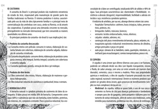 B) Castanha
A castanha do Brasil é o principal produto não madeireiro extrativista
do estado do Acre, responsável pela manutenção de grande parte das
famílias tradicionais na floresta. O sistema produtivo é rústico, caracteri-
zado pelo uso da mão de obra tipicamente familiar e o principal meio de
comercialização das amêndoas com casca, ainda na floresta, se dá através
das cooperativas. O produto possui uma demanda crescente no mercado,
principalmente no mercado internacional, que tem consumido as maiores
quantidades nos últimos anos.
Os principais produtos da castanha–do-brasil (e suas implicações) são:
1. Produtos da castanha descascada:
1.a) Castanha inteira com película: consumo in natura, elaboração de cas-
tanha fatiada com cobertura, elaboração de castanha salgada, elabora-
ção de castanha cristalizada.
1.b)Castanhadespeliculada:consumodireto,elaboraçãodeprodutoscomo
pasta cremosa, leite integral, farinha integral, castanha com coberturas
e castanha salgada.
1.c) Castanha quebrada: granola, extração de óleo e pé moleque.
2. Produtos do óleo bruto:
2.a) Óleo comestível: óleo mistos, frituras, elaboração de maionese e gor-
duras hidrogenadas.
2.b)Óleoindustrial:industriadecosméticosecombustível,tintasevernizes.
C) Borracha/Látex
A borracha natural é o produto primário do cozimento do látex da se-
ringueira. O látex possui em média 30% de borracha. Componentes como
água (68%) e substâncias que não são borracha, como lutóides, proteínas,
sais minerais, etc, compõem o restante. Para o processo industrial, há a ne-
cessidadedeolátexsercentrifugado,totalizando60%desólidose40%de
água. Suas principais características são: elasticidade e flexibilidade; re-
sistência a abrasão (desgaste); impermeabilidade; facilidade a adesão em
tecidos e aço; resistência a produtos químicos.
Aindústriadeartefatos,porsuavez,abrangediversossetorestaiscomo:
hospitalar/farmacêutico:catéteres,luvascirúrgicas,tubos,preserva-•	
tivos, próteses, etc;
brinquedos: balões, máscaras, bonecos;•	
vestuário: tecidos emborrachados, meias, elásticos;•	
calçados: solados, adesivos, etc;•	
construçãocivil:pisoserevestimentosdeborracha,placas,vedantes,etc.•	
maquinário agrícola e industrial: revestimentos internos de cilindros,•	
artigos prensados e peças em geral;
auto-peças: câmaras de ar, batedores, coxins, guarnições, retentores, ca-•	
melback(pararecauchutagem),correiastransportadoras,pneuseetc.
D) Copaíba
A copaíba é uma árvore que oferece diversos usos para o ser humano,
podendo ser utilizado desde seu óleo (um líquido transparente, viscoso
e fluido, de sabor amargo, com uma cor entre amarelo até marrom claro
dourado), sementes, casca e mesmo a madeira. Pelas suas propriedades
químicas e medicinais, o óleo de copaíba é bastante procurado nos mer-
cados regional, nacional e internacional. Dentre os inúmeros produtos que
podem ser gerados desta árvore, após processos de beneficiamento (sim-
ples ou mais complexos) destacam-se:
Medicinal•	 : da copaíba, utiliza-se quase tudo, o uso de sua casca e
sementes na forma de chá para doenças pulmonares e lambedores
e xaropes para dor de garganta, como purgante e bálsamo para tra-
tamento de asma e bronquite, além de outros usos medicinais, como
remédio para reumatismo, problemas nos rins, úlceras de estômago,
EscoladaFlorestaRobervalCardoso–Acre
224
ManualdoTécnicoFlorestal
225
 