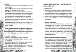 Instâncias
• 	 Coordenação: responsável pela articulação, mobilização e fluxo
de informações.
• 	 Corpo deVerificação: responsável pelo monitoramento em campo dos
parâmetros sócio-ambientais básicos e específicos.
•	 CâmaraTécnica: responsável por analisar as informações, dados e indica-
doresobtidosatravésdomonitoramentodosparâmetrossócio-ambientais
básicoseespecíficos,apontandoesugerindomelhoriasdequalidadetécni-
caesocialaosprocessoseprodutosdesenvolvidospelascomunidades.
• 	 Câmara de Ética e Recursos: responsável por observar I) a ocorrência
de situações conflituosas; II) o processo participativo e III) a legislação
vigente nacional e internacional.
• 	 Conselho de Certificação: responsável por analisar as informações e
pareceres do Corpo deVerificação e das CâmarasTécnica e de Ética, con-
ferindo a Certificação.
PrincípiosqueregemaCertificaçãoSócio-ParticipativaemRede:Confian-
ça,Participação,Descentralização,Organizaçãodebase,FormaçãodeRede,Trans-
parência,Olhardeprofissionaiseorganizaçõesnãoenvolvidasdiretamentecomo
processoprodutivo,Adequaçãoàproduçãofamiliar,Processopedagógico.
Comunidades Certificadas:
• 	 Projeto RECA - Nova Califórnia/RO – Sistemas Agroflorestais
• 	 Grupo de Agricultores Ecológicos do Humaitá – Porto Acre/AC – Siste-
mas Agroflorestais
•	 PóloBenfica/AssociaçãoAcreVerde–RioBranco/AC–AgriculturaOrgânica
• 	 PA Moreno Maia – Rio Branco/AC – Agricultura Orgânica
*AstrêsúltimascomercializamsuaproduçãonaFeiradeProdutosAgro-
florestais, Extrativistas e Artesanais, que acontece todos os sábados em
frente aoTerminal Urbano de Rio Branco/AC.
5.6 ORIENTAÇÕES GERAIS PARA O MANEJO FLORESTAL
Baseado em FSC, 2001.
Obediência às leis
•	 Respeitartodasasleisnacionaiselocais,bemcomoasexigênciasadminis-
trativas,sendotodoopessoalenvolvidoesclarecidosobreasmesmas.
•	 ProtegerasáreasdeManejoFlorestaldeextraçãoilegaleoutrasatividades
nãoautorizadascomocaçaepescapredatória,fogoeocupaçãoilegal.
•	 Cumprir a legislação trabalhista com a existência de contratos de traba-
lholegaisdetodosostrabalhadores,comencargosedireitosgarantidos
e comprovados.
Direitos dos povos indígenas
•	 Reconhecer, respeitar e garantir os direitos legais e costumários dos po-
vos indígenas de possuir, usar e manejar suas terras, territórios e recur-
sos. As atividades de Manejo Florestal não podem ameaçar ou diminuir,
diretaouindiretamente,osrecursosoudireitosdepossedospovosindí-
genas. Devem ser tomadas medidas necessárias e objetivas para evitar
os impactos sociais negativos das atividades do Manejo Florestal a fim
de contribuir para a valorização da diversidade cultural das comunida-
des indígenas e tradicionais.
Relações comunitárias e direitos dos trabalhadores
•	 Manter ou ampliar, a longo prazo, o bem estar econômico e social dos
trabalhadores florestais e das comunidades locais. Devem ser dadas às
comunidades, inseridas ou adjacentes às áreas de Manejo Florestal,
oportunidades de trabalho, capacitação e outros serviços.
•	 Incorporar no planejamento e implantação de atividades de Manejo Florestal,
osresultadosdeavaliaçõesdeimpactosocial.Devemsermantidosprocessosde
consultacomaspessoasegruposdiretamenteafetadospelasáreasdemanejo.
EscoladaFlorestaRobervalCardoso–Acre
234
ManualdoTécnicoFlorestal
235
 