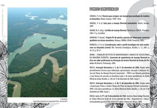 6FONTES CONSULTADAS
AMARAL, P. et al. Floresta para sempre: um manual para produção de madeira
na Amazônia. Belém: Imazon, 1998. 130 p.
AMARAL, P. et al. Guia para o manejo florestal comunitário. Belém: Imazon,
2007.
AMARO,M.A.(Org.).Cartilhademanejoflorestal.RioBranco:FUNTAC;Promatec,
2003. 31 p. (Cartilha)
ANDRADE, P. (Coord.). Projeto Pé-de-pincha: parceria de futuro para conservar
quelônios na várzea amazônica. Manaus: IBAMA; UFAM; Provárzea, 2005.
BARBOSA, A. P. et al. Considerações sobre o perfil tecnológico do setor madei-
reiro na Amazônia Central. Rev. Parcerias Estratégicas, Brasília, n. 12, 2001. p.
42-43, p. 50-51.
BIOMA – FUNDAÇÃO INSTITUTO DE BIODIVERSIDADE E MANEJO DE ECOSSISTEMAS
DA AMAzÔNIA OCIDENTAL. Conversão de experiências de manejo florestal no
Acre em saber profissional na formação do técnico florestal da Escola da Flo-
resta. Rio Branco: Promanejo, 2004.
BRASIL. Instrução Normativa n. 5, de 11 de dezembro de 2006. Dispõe sobre
procedimentos técnicos para elaboração, apresentação, execução e avaliação téc-
nica de Planos de Manejo Florestal Sustentável – PMFS’s nas florestas primitivas
e suas formas de sucessão na Amazônia Legal, e dá outras providências. In: Diário
Oficial da União, Brasília, n. 238, de 13 de dezembro de 2006. Seção 1.
BRASIL. Instrução Normativa n. 4, de 11 de dezembro de 2006. Dispõe sobre
a Autorização Prévia à Análise Técnica de Plano de Manejo Florestal Sustentável -
APAT, e dá outras providências. In: Diário Oficial da União, Brasília, n. 238, de 13 de
dezembro de 2006. Seção 1.
BRASIL.Lein.4.771,de15desetembrode1965.InstituioNovoCódigoFlorestal.
In: Diário Oficial da União de 16 de setembro de 1965. Disponível em: <http://
www.planalto.gov.br/CCIVIL/LEIS/L4771.htm> Acesso em: 06 jun. 2008
A Amazônia
Fonte: http://www.fmc.am.gov.br/port/Fotos_Am/am.html
EscoladaFlorestaRobervalCardoso–Acre
240
ManualdoTécnicoFlorestal
241
 