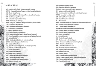 7.3 LISTA DE SIGLAS
ACS – Associação de Certificação Sócio-participativa da Amazônia
AETPFNM – AutorizaçãoEspecialparaTransportedeProdutosFlorestaisNãoMadeireiros
AMF – Área de Manejo Florestal
APAT – AutorizaçãoPréviaàAnáliseTécnicadePlanodeManejoFlorestalSustentável
APP – Área de Preservação Permanente
ART – Anotação de ResponsabilidadeTécnica
AUTEX – Autorização para Exploração
BIOMA - FundaçãoInst.BiodiversidadeeManejodeEcossistemadaAmazôniaOcidental
CAP – Circunferência à Altura do Peito
CCIR – Certificado de Cadastramento de Imóvel Rural
CGC – Cadastro Geral de Contribuintes
CIF – Classe de Identificação do Fuste
CNPJ – Cadastro Nacional da Pessoa Jurídica
CNPM – Cadastro Nacional de Planos de Manejo Florestal Sustentável
CNPT – CentroNacionaldeDesenvolvimentoSustentadodasPopulaçõesTradicionais
CoC – Cadeia de Custódia
COEFA – Coordenação de Gestão do Uso de Espécies da Fauna
CONAMA – Conselho Nacional do Meio Ambiente
CPF – Cadastro de Pessoa Física
CREA – Conselho Regional de Engenharia, Arquitetura e Agronomia
CTA – Centro dosTrabalhadores da Amazônia
CTF – CadastroTécnico Federal
DAP – Diâmetro à Altura do Peito
DDS – Diálogo Diário de Segurança
DIFAP – Diretoria de Fauna e Recursos Pesqueiros
DIREF – Diretoria de Florestas do IBAMA
DIREN – Diretoria de Recursos Naturais Renováveis
DMC – Diâmetro Mínimo de Corte
DOF – Documento de Origem Florestal
DRP – Diagnóstico Rápido Rural Participativo
EMBRAPA – Empresa Brasileira de Pesquisa Agropecuária
EPI – Equipamento de Proteção Individual
FSC – Forest Stewardship Council (Conselho de Certificação Florestal)
FUNTAC – Fundação deTecnologia do Acre
GPS – Sistema de Posicionamento Global
GTR – Grupo deTrabalho de Certificação
HC – Altura Comercial
IBAMA – InstitutoBrasileirodoMeioAmbienteedosRecursosNaturaisRenováveis
IBGE – Instituto Brasileiro de Geografia e Estatística
IMAC – Instituto de Meio Ambiente no Acre
IMAZON – Instituto do Homem e Meio Ambiente da Amazônia
INPA – Instituto Nacional de Pesquisas da Amazônia
INSS – Instituto Nacional do Seguro Social
ITR – ImpostoTerritorial Rural
LO – Licença de Operação
MDF – Medium Density Fibreboard
MFT – Monitoramento de FlorestasTropicais
MFTS – Monitoramento de FlorestasTropicais Simplificado
MMA – Ministério do Meio Ambiente
NIR – Cadastro Nacional de Imóvel Rural
OCE - Organização das Cooperativas no Estado
ONG – Organização Não Governamental
OSB – Oriented Strand Board
PDM – Ponto de Medição
PMFS – Planos de Manejo Florestal Sustentável
PMFSNM – Planos de Manejo Florestal Simplificado Não Madeireiro
PNF – Programa Nacional de Florestas
POA – Plano de Operação Anual
EscoladaFlorestaRobervalCardoso–Acre
256
ManualdoTécnicoFlorestal
257
 