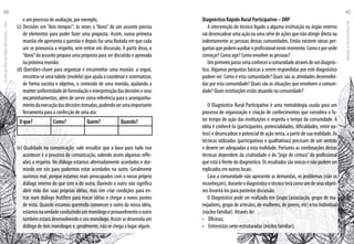 e um processo de avaliação, por exemplo;
(c) Decisões em “dois tempos”: às vezes o “dono” de um assunto precisa
de elementos para poder fazer uma proposta. Assim, numa primeira
reunião ele apresenta a questão e depois faz uma Rodada em que cada
um se pronuncia a respeito, sem entrar em discussão. A partir disso, o
“dono”do assunto prepara uma proposta para ser discutida e aprovada
na próxima reunião;
(d) Questões-chave para organizar e encaminhar uma reunião: a seguir,
encontra-seumatabela(modelo)queajudaacoordenaresistematizar,
de forma sucinta e objetiva, o conteúdo de uma reunião, ajudando a
manteruniformidadedeformulaçãoeinterpretaçãodasdecisõeseseus
encaminhamentos, além de servir como referência para o acompanha-
mentodaexecuçãodasdecisõestomadas,podendoserumaimportante
ferramenta para a confecção de uma ata:
O que? Como? Quem? Quando?
			
(e) Qualidade na comunicação: vale ressaltar que a base para tudo isso
acontecer é o processo de comunicação, valendo assim algumas refle-
xões a respeito. No diálogo estamos alternadamente acordados e dor-
mindo em nós para podermos estar acordados no outro. Geralmente
ouvimos mal, porque estamos mais preocupados com o nosso próprio
diálogo interno do que com o do outro. Ouvindo o outro não significa
abrir mão das suas próprias idéias, mas sim criar condições para en-
trar num diálogo frutífero para trocar idéias e chegar a novos pontos
de vista. Quando estamos querendo convencer o outro da nossa idéia,
estamosnaverdadeconduzindoummonólogoeprovavelmenteooutro
também estará desenvolvendo o seu monólogo. Assim se desenrola um
diálogo de dois monólogos e, geralmente, não se chega a lugar algum.
Diagnóstico Rápido Rural Participativo – DRP
A intervenção do técnico ligado a alguma instituição ou órgão externo
vai desencadear uma ação ou uma série de ações que irão atingir direta ou
indiretamente as pessoas destas comunidades. Então existem várias per-
guntasquepodemauxiliaroprofissionalnestemomento:Comoeporonde
começar? Como agir? Como envolver as pessoas?
Umprimeiropassoseriaconheceracomunidadeatravésdeumdiagnós-
tico. Algumas perguntas básicas a serem respondidas por este diagnóstico
podem ser: Como é esta comunidade? Quais são as atividades desenvolvi-
das por esta comunidade? Quais são as situações que envolvem a comuni-
dade? Quais instituições estão atuando na comunidade?
O Diagnóstico Rural Participativo é uma metodologia usada para um
processo de organização e criação de conhecimentos que considera o fa-
tor tempo de ação das instituições e respeita o tempo da comunidade. A
idéia é conhecê-la (participantes, potencialidades, dificuldades, entre ou-
tros) e desencadear o potencial de ação nesta, a partir de sua realidade. As
técnicas utilizadas (participativas e qualitativas) precisam de um sentido
e devem ser adequadas a esta realidade. Portanto as combinações destas
técnicas dependem da criatividade e do “jogo de cintura” do profissional
que está à frente do diagnóstico. Os resultados são únicos e não podem ser
replicados em outros locais.
Caso a comunidade não apresente as demandas, os problemas (não os
reconheçam),duranteodiagnósticootécnicoterácomoumdeseusobjeti-
vos levantá-los para posterior discussão.
O Diagnóstico pode ser realizado em Grupo (associação, grupo de ma-
nejadores, grupo de artesãos, de mulheres, de jovens, etc) e/ou Individual
(núcleo familiar). Através de:
•	 Oficinas;
•	 Entrevistas semi-estruturadas (núcleo familiar);
EscoladaFlorestaRobervalCardoso–Acre
44
ManualdoTécnicoFlorestal
45
 