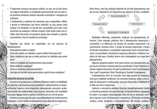 •	 É importante começar com poucos critérios, ou seja, um ou dois temas
com alguns indicadores, só ampliando posteriormente uma vez que es-
tas primeiras tentativas tenham mostrado os benefícios / vantagens de
monitorar;
•	 É fundamental a existência de momentos para compartilhar, refletir,
e ajustar as informações que foram coletadas, ou seja, pensar como
integrar em atividades no dia-dia das comunidades para fazer estes
momentos de avaliação e reflexão conjunta. Pode incluir visitas nas fa-
mílias, fazer discussões em pequenos grupos (por exemplo, os agentes
comunitários) e/ou em reuniões da associação.
Perguntas que devem ser respondidas em um processo de
Monitoramento:
•	 Onde podemos obter os dados?
•	 Como eles podem ser coletados e qual a melhor forma para isto?
•	 Qual a freqüência com que os dados precisam ser coletados para serem
úteis?
•	 Como os resultados do monitoramento serão usados?
•	 Quem realizará a avaliação?
•	 Como os resultados serão apresentados?
•	 Que tipos de decisões serão apresentadas a partir desses resultados?
CONCEITOS BÁSICOS DE GESTÃO
O processo de gestão para as atividades florestais implica na habilidade
de organizar e gerenciar processos produtivos e administrativos na empre-
sa florestal. Aspectos como diagnóstico, planejamento, execução e avalia-
ção/controle são fundamentais neste processo, formando uma totalidade
necessária (ligação entre as partes) à existência de um ciclo de gestão.
Aeficiêncianaexecuçãodasaçõesépercebidaatravésdomonitoramento
(avaliação), e este é reflexo do planejamento que depende do diagnóstico.
Desta forma, uma boa avaliação depende de um bom planejamento, que
por sua vez, depende de um diagnóstico que expresse, de fato, a realidade.
Realidades diferentes, geralmente, implicam em planejamentos di-
ferentes. Como exemplo, podemos citar o planejamento empresarial e
comunitário e as diferenças das funções do consultor empresarial e do
extensionista. Assuntos como: o tempo de decisão empresarial, o tempo
de decisão comunitária, as prioridades empresariais (lucro e decisão finan-
ceira) e as prioridades comunitárias (segurança alimentar e melhores con-
dições de vida para a família) devem estar contemplados nos respectivos
planejamentos.
Algumas perguntas podem servir para orientar este planejamento, que
porsuavezorientaráosdemaisaspectosconsiderados:Oquê?(objetivo,in-
clusiveoobjetivofinanceiro);Porquê?(justificativa);Como?(metodologia);
Com o quê? (orçamento); Onde? (localização); Quando? (cronograma).
O planejamento deve ser encarado como algo passível de mudanças,
visto que a realidade (ambiente), em constante mudança, exige a necessi-
dade de adequações e readequações, que está relacionada à habilidade de
se lidar com erros e imprevistos.
Conhecer o mercado de produtos florestais (marketing/vendas) facilita
o controle da produção (extração florestal), do beneficiamento (agregação
de valor) e da própria comercialização. Para isto faz-se necessário consi-
derar aspectos como: (I) fluxo geral e concorrência; (II) funções envolvidas
(compra, venda, transporte e armazenamento); (III) funções auxiliares;
EscoladaFlorestaRobervalCardoso–Acre
50
ManualdoTécnicoFlorestal
51
 