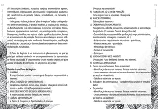 (IV) instituições (indústria, atacadista, varejista, intermediários agentes,
intermediários especuladores, atravessadores e organizações auxiliares);
(V) características do produto (volume, perecibilidade, cor, tamanho e
qualidade).
Enfim,paraaelaboraçãodeum“planodenegócios”todaacadeiaprodu-
tiva deve ser considerada. O produto escolhido, a localização da produção,
do beneficiamento e da comercialização, os recursos necessários (físicos,
humanos, equipamentos e materiais), o orçamento previsto, cronogramas,
fluxogramas, planilhas para registro, tabelas e gráficos ilustrativos, formas
de armazenamento da produção (bem como as embalagens a serem utili-
zadas), estratégias para maior rendimento da matéria-prima, reutilização
deresíduoseacaracterizaçãodomercadoexistentedevemserdevidamen-
te planejados e analisados.
O Plano de Negócios é um instrumento de planejamento, no qual as
principais variáveis envolvidas em um empreendimento são apresentadas
de forma organizada. A seguir encontra-se um modelo simplificado para
auxiliar o trabalho de um técnico em um processo de gestão:
Modelo de um Plano de Negócio
1)	 SUMÁRIO
	 A importância do produto - contexto geral (Pesquisas na comunidade e
internet)
2)	 CARACTERIZAÇÃO DO EMPREENDIMENTO
	 Localização, objetivos, metas, visão, missão e situação do empreendi-
mento – análise crítica (Pesquisas na comunidade)
3)	 ANÁLISE DE MERCADO (PESQUISA MERCADOLÓGICA)
	 A importância do produto (Pesquisas na internet)
4)	 ANÁLISE DE CURTO PRAZO
	 a. Forças; b. Fraquezas; c. Oportunidades; d. Ameaças
	 (Pesquisas na comunidade)
5)	 FLUXOGRAMA DO SETOR DE PRODUÇÃO
	 Como os processos se organizam - fluxograma
6)	 MARCA (LOGOMARCA)
	 Elaboração de logomarca
7)	 CADEIA PRODUTIVA DOS PRODUTOS
	 Planejamento, colheita, escoamento, armazenamento, e apresentação
dos produtos (Pesquisa no Plano de Manejo Florestal)
	 - Quantidade de pessoas envolvidas por função (campo, administrativa,
monitoramento, estocagem, escoamento, etc.);
	 - Infra-estrutura e equipamentos necessários - quantidade;
	 - Materiais necessários - quantidade;
	 - Metodologia de extração;
	 - Formas de escoamento;
	 - Estocagem.
8)	 CUIDADOS COM O MEIO AMBIENTE
	 (Pesquisa no Plano de Manejo Florestal e na Internet).
9)	 ESTRATÉGIAS OPERACIONAIS
A.	 Custos (recursos humanos, físicos e materiais)
	 - Identificação de recursos humanos, físicos e materiais existentes;
	 -Levantamentodovalorunitário(recursoshumanos,físicosemateriais)
por espécie não existente;
	 - Cálculo do valor total por espécie.
B.	 Indicadores de comercialização – custo benefício (análise de rentabili-
dade)
•	 Orçamentos.
	 - Identificação de recursos humanos, físicos e materiais existentes;
	 -Levantamentodovalorunitário(recursoshumanos,físicosemateriais)
por espécie não existente;
	 - Cálculo do valor total por espécie.
EscoladaFlorestaRobervalCardoso–Acre
52
ManualdoTécnicoFlorestal
53
 