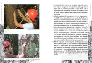 Numeração de árvore com faca de seringa
Numeração de árvore com plaqueta
e) A estimativa da altura do tronco, que corresponde ao ponto de corte na
base da árvore até a primeira bifurcação dos seus galhos, geralmente
é feita a olho nu. No entanto, para reduzir a margem de erro, pode-se
estimar a altura do tronco através do teste da vara (ver figura acima)
ou mesmo através de aparelhos mais específicos como o hipsômetro,
por exemplo.
f) Avaliação da qualidade do tronco, que varia em termo de qualidade co-
mercial. Os troncos retos, cilíndricos e sem ocos são classificados como
“bonsparausomadeireiro”.Ostroncosretos,mascomocospequenosao
longo de toda a tora, ou troncos tortuosos, mas sem ocos são classifica-
doscomoregulares.Porsuavez,ostroncostortuososecompresençade
ocos possuem qualidade inferior.Ver exemplo na figura abaixo:
g) Existem diversas maneiras para se detectar se uma árvore está oca. Por
exemplo, encostar o ouvido na árvore e bater no tronco com o martelo.
Seosomemitidofizerumeco,aárvoreestaráprovavelmenteoca.Além
disso, há sintomas que sugerem a presença de ocos nas árvores, como
casa de cupins, presença de secreção escura ao longo do tronco e ga-
lhos quebrados. As árvores com troncos classificados como “sem valor
comercial”deverão ser preservadas, pois são importantes como produ-
toras de sementes, fonte de alimentos e abrigos para animais.
h) 	Adireçãodaquedadeumaárvoredependedainclinaçãonaturaldeseu
tronco e a distribuição da sua copa. A tendência de queda das árvores
pode ser: (1) ampla – tronco reto e copa bem distribuída, tendo ân-
gulo de queda de 360° e podendo ser derrubada em qualquer direção;
(2) intermediária – tronco reto, copa voltada para um dos lados, tendo
ângulos de queda entre 90 a 180°; (3) limitada – tronco inclinado, copa
desigual e acentuada, tendo ângulo de queda inferior a 90° (ver figura
abaixo).
EscoladaFlorestaRobervalCardoso–Acre
90
ManualdoTécnicoFlorestal
91
 