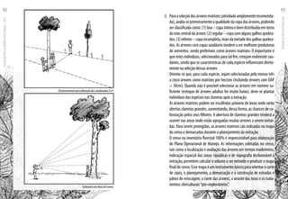 Posicionamento para obtenção das coordenadas X eY
Estimativa da altura do tronco
i) 	 Paraaseleçãodasárvoresmatrizes(atividadeamplamenterecomenda-
da),avalia-seprimeiramenteaqualidadedacopadasárvores,podendo
serclassificadacomo:(1)boa–copainteiraebemdistribuídaemtorno
doeixocentraldaárvore;(2)regular–copacomalgunsgalhosquebra-
dos;(3)inferior–copaincompleta,maisdametadedosgalhosquebra-
dos. As árvores com copas saudáveis tendem a ser melhores produtoras
de sementes, sendo preferíveis como árvores matrizes. O importante é
que estes indivíduos, selecionados para tal fim, estejam realmente sau-
dáveis, sendo que as características de cada espécie influenciam direta-
mente na seleção dessas árvores.
	 Orienta-se que, para cada espécie, sejam selecionadas pelo menos três
a cinco árvores como matrizes por hectare (incluindo árvores com DAP
> 30cm). Quando não é possível selecionar as árvores em número su-
ficiente (estoque de árvores adultas for muito baixo), deve-se plantar
indivíduos das espécies nas clareiras após a extração.
	 As árvores matrizes podem ser escolhidas próximo de áreas onde serão
abertas clareiras grandes, aumentando, dessa forma, as chances de co-
lonização pelos seus filhotes. A abertura de clareiras grandes tenderá a
ocorrer nas áreas onde estão agrupadas muitas árvores a serem extraí-
das. Para serem protegidas, as árvores matrizes são indicadas no mapa
do censo e demarcadas durante o planejamento da extração.
	 O censo ou inventário florestal 100% é imprescindível para elaboração
do Plano Operacional de Manejo. As informações coletadas no censo,
tais como a localização e avaliação das árvores em termos madeireiros,
indicação espacial das zonas cipoálicas e de topografia desfavorável à
extração, permitem calcular o volume a ser extraído e produzir o mapa
finaldocenso.Essemapaéuminstrumentobásicoparaorientarocorte
de cipós, o planejamento, a demarcação e a construção de estradas e
pátios de estocagem, o corte das árvores, o arraste das toras e os trata-
mentos silviculturais“pós-exploratórios”.
EscoladaFlorestaRobervalCardoso–Acre
92
ManualdoTécnicoFlorestal
93
 
