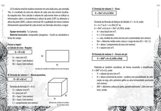 (2)Ovolumetotaldemadeiraexistenteemumadadaárea,porexemplo
1ha, é o resultado da soma do volume de cada uma das árvores localiza-
da naquela área. Para calcular o volume de cada árvore deve-se utilizar as
informações sobre a circunferência à altura do peito (CAP) ou diâmetro à
alturadopeito(DAP),aalturacomercial(H)equalidadedotronco(volume
efetivamente aproveitável de cada árvore) nas fórmulas descritas a seguir.
Equipe necessária: 1 a 2 pessoas.
Material necessário: computador (programa – Excel) ou calculadora e
fichas de campo.
Passos a seguir:
a) Cálculo de área - Regular:
A = B1 x B2
A = área (em m²)•	
B1 = base 1 (em metros)•	
B2 = base 2 (em metros)•	
Exemplo das unidades de medidas de uma área retangular
B) Fórmula de volume 1 – Blocos/pranchas:
V = B1 x B2 x C
Partindo da fórmula:V = A x C
V = volume (em m³)•	
A = área (em m²)•	
B1 = base 1 (em metros)•	
B2 = base 2 (em metros)•	
C = comprimento (em metros)•	
B1
B2
B1
C
B2
Exemplo das unidades de medidas
de uma figura cúbica
C) Fórmula de volume 2 –Toras:
V = Dm² x H x 0,7854
Partindo da fórmula doVolume do Cilindro:V = A x H, onde:
A = π x r² ou A = π x (Dm/2)² ou
A = Dm² x π/4 ou A = Dm² x 0,7854, sendo:
A = área basal (em m²)•	
π = 3,14 (constante)•	
r = raio, medida do centro da tora até a extremidade (em metros)•	
Dm = diâmetro médio entre a base e o topo da tora (D1 + D2 / 2)•	
H = altura / comprimento da tora (em metros)•	
V = volume (em m³)•	
D) Fórmula de volume 3 – Árvore em pé:
V = DAP² x H x 0,5498 x APqf
Podendo-se também considerar, de forma resumida e simplificada:
V = DAP² x H x 0,5, onde:
V = volume da tora (em m³)•	
H = altura comercial da árvore - madeira com possibilidade de utili-•	
zação, ou seja, até o primeiro galho ou uma tortuosidade acentuada
(em metros)
DAP=diâmetroaalturadopeito,aproximadamente1,30m(emme-•	
tros), sendo:
EscoladaFlorestaRobervalCardoso–Acre
100
ManualdoTécnicoFlorestal
101
 