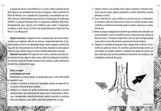 Aestaçãodechuvasesecainfluenciae,àsvezes,limitaoperíododoano
para algumas das atividades da extração e transporte. Cabe ao detentor do
Plano de Manejo criar a agenda mais apropriada à sua realidade que con-
cilie o processo administrativo para emissão da Autorização de Exploração
(AUTEX) e Licença de Operação (LO) e as respectivas validades. Além disso,
principalmente para espécies com tendência para rachar, é importante
considerar as fases da Lua. As fases mais apropriadas para o abate são“Lua
Nova”e“Lua Minguante”.
Equipe necessária: A equipe de corte é composta por um ou dois motos-
serristas e um ajudante, além de um técnico e responsável pela área. O aju-
dantelocalizaaárvoreaserderrubada,limpaolocalepreparaocaminhode
fuga.Umdosmotosserristasfazocortedaárvore,enquantoooutroseparao
troncodacopa,divideotroncoemtoraseeliminaobstáculosaoarraste.
Material necessário: EPI (capacete com viseira e protetor auricular, bo-
tascombicodeaço,calçadenylon,luvas,coletedesinalização),kitprimei-
rossocorros,mapadeextração,bússola,facão,marreta,cunha,motosserra,
ferramentas, combustível e água.
Passos a seguir:
a) Atividades pré-corte
Inicialmente as árvores devem ser preparadas para o corte observando
os seguintes casos:
1. 	Localizar e encontrar a árvore a ser derrubada, através do mapa de cor-
te/arraste e lista de árvores a extrair.
2. 	Verificar se a direção de queda recomendada (protegendo as árvores
remanescentes, buscando áreas de menor dano e diminuindo as clarei-
ras, e considerando a direção da estrada e pátio) é possível e se existem
riscos de acidentes, como galhos quebrados pendurados na copa.
3. 	Limpar o tronco a ser cortado. Cortar cipós e arvoretas e remover even-
tuais casas de cupins, galhos quebrados ou outros obstáculos situados
próximos à árvore.
4. 	Fazer o teste do oco - para certificar se a árvore está oca, o motosserris-
ta introduz o sabre da motosserra no tronco no sentido vertical, assim,
conformearesistênciadeentrada,pode-seavaliarapresençaeotama-
nho do oco.
5.Retirarospregoseplaquetasdealumínioquetenhamsidocolocadosnas
árvores durante o censo e transferi-los para a base da árvore (abaixo da
linhadecorte).Aremoçãoéimportante,umavezqueospregospodem
causar danos à serra fita durante o processamento da madeira.
6. 	Prepararoscaminhosdefugaporondeaequipedeveseafastarnomo-
mento da queda da árvore. Os caminhos (geralmente dois) devem ser
construídos no sentido contrário à tendência de queda da árvore, um
para cada lado, para prevenir problemas decorrentes de mudanças não
controláveis na direção de queda.
Caminhos de fuga
Fuga
Queda
Fuga
EscoladaFlorestaRobervalCardoso–Acre
118
ManualdoTécnicoFlorestal
119
 